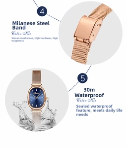Detail of rose gold Milanese steel strap and water resistance display for quartz watch