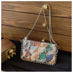 Detail of snake skin pattern envelope bag with silver beaded chain against vintage background
