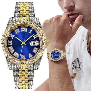 Luxury Iced Out Men Quartz Watch Rhinestone Alloy Roman Numerals Date Hip Hop Fashion Jewelry And Cuban Chain Bracelet