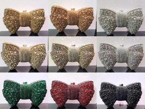 Grid view showing 9 vibrant colors of luxury bow-shaped rhinestone evening clutch bags