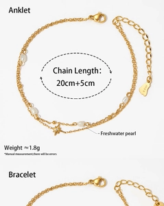 Detail of gold stainless steel anklet and bracelet set with freshwater pearls and stars