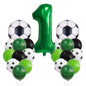 Detailed set of green number 1 foil balloon with soccer pattern latex balloons for party