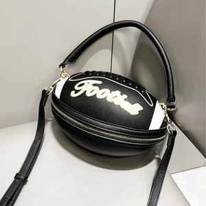 Creative football shaped handbag in black PU leather with gold embroidery and shoulder strap