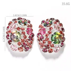Retro round earrings with pink and red colorful rhinestones in 5.8cm size and 35.6g weight