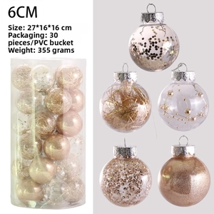 Detail of 6cm Christmas ball set featuring sequins, glitter, and bead fillers in clear baubles