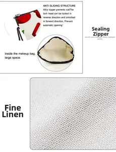 Detail of linen makeup bag showing durable alloy zipper and spacious interior storage