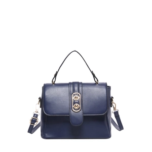 Navy blue textured PU leather crossbody bag with distinctive gold metal oval buckle