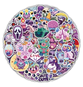 Detail of waterproof pastel goth stickers with skulls and colorful anatomy art