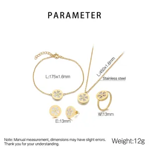 Detailed parameter chart for gold stainless steel jewelry set with white flower accents