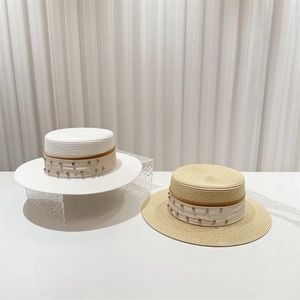 Elegant wide-brim straw boater hats with rhinestone ribbon for women's summer sun protection