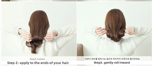 Detailed hair styling tool usage showing steps for creating a neat bun on long brown hair
