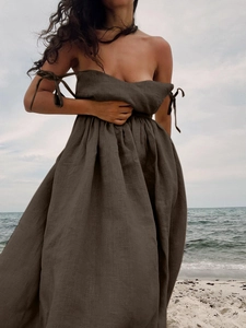 Robe Maxi Femme 100% Coton Col En V Dos Nu Lacets Élégant Sexy Évasé Ligne A Sans Manches Vacances Décontracté