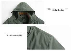 Detail of army green parka with fleece lining, showing collar and shoulder stitching