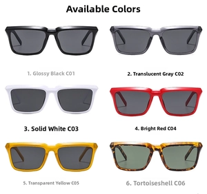 Grid display of square frame sunglasses in six colors including black, grey, and tortoise