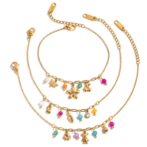 Charm Bracelet 18K Gold Plated Stainless Steel Colorful Beads Bear Rabbit Flower Charms Sweet Romantic Jewelry For Women