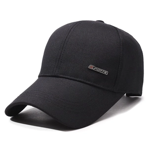 Classic black cotton baseball cap with silver metal 'S SPORTS' side emblem and curved brim