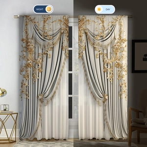 Detail showing 3D digital print curtains with valance in day and night blackout comparison