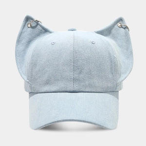 Creative washed denim baseball cap with 3D cat ears and silver metal rings