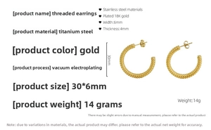 Detailed specs of 18K gold-plated stainless steel hoop earrings with threaded texture