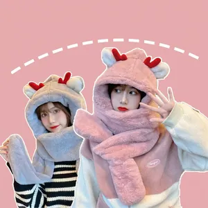 3-in-1 plush winter hat scarf and gloves set with cute reindeer ears in pink and beige