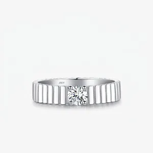 Round Moissanite Solitaire Ring 925 Sterling Silver Vertical Grooved Ridged Texture Geometric Minimalist Retro Jewelry