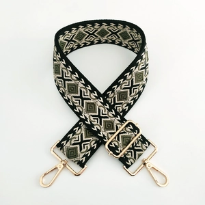 Detail of 5cm ethnic diamond jacquard bag strap with golden lobster clasps and hardware