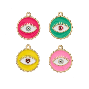 Golden rimmed evil eye charms in red, green, yellow and pink stainless steel
