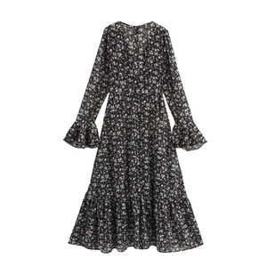 French V-neck floral maxi dress with trumpet sleeves and ruffled hem in black and white