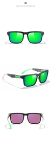 Three views of square polarized sunglasses with green mirrored lenses and spotted temples