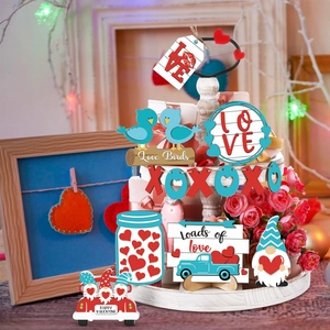 Detail view of 12-piece Valentine tiered tray wood decor with signs and plush gnomes