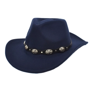 Dark blue ethnic wool cowboy hat with silver studded leather band on white background