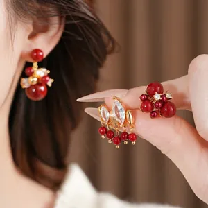 18K gold plated flower earrings with red zircons and vintage floral design for women