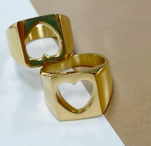 Minimalist gold hollow heart signet rings in polished stainless steel for women