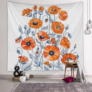 Detail of vibrant floral tapestry featuring orange poppies on white brick wall background