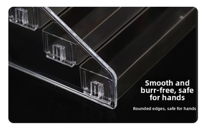 Close-up of clear acrylic tiered shelf showing smooth edges and high transparency