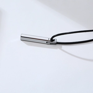 Polished silver tungsten bar pendant on black wax rope cord necklace for men