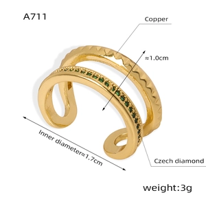 Detail view of double-layer gold copper ring with Czech diamonds and dimension specs