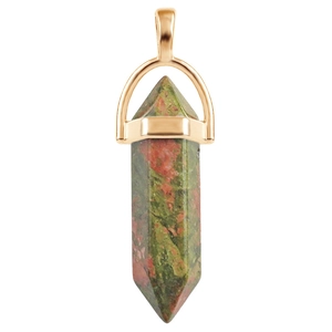 Macro shot of hexagonal green and red natural crystal pendant with gold metal clasp