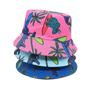 Kids reversible sun hats featuring cartoon dinosaur prints in pink, light blue and royal blue