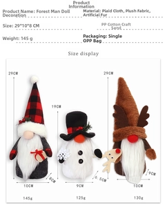 Size display of three Christmas gnome figurines with dimensions and material details