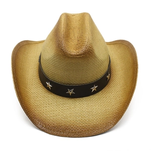 Handwoven western straw cowboy hat with black leather band and silver star studs