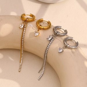 Elegant 18K gold and silver plated heart tassel earrings with sparkling zircon stones