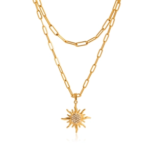 Detailed view of double-layered gold sun necklace with crystals and paperclip chain