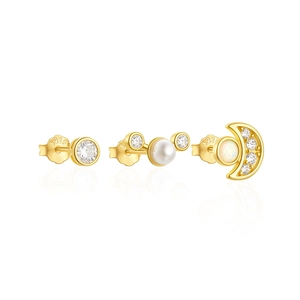 Detailed view of three small 925 silver gold-plated studs with pearl, zircon, and opal
