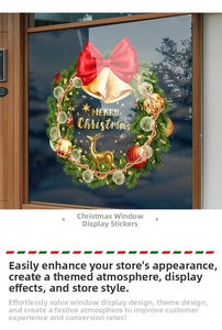 Macro detail of Christmas wreath window sticker with red bow and gold bells for festive decor