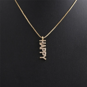 Elegant gold plated HAPPY letter necklace with micro-set zircons on black background