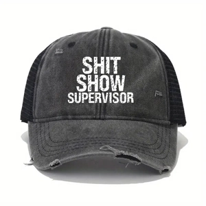 Vintage washed distressed trucker hat featuring SHIT SHOW SUPERVISOR print in charcoal grey