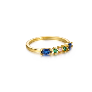 Detail view of gold S925 silver ring featuring colorful marquise and round gemstones