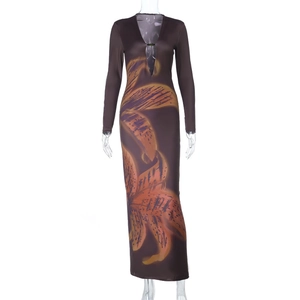 Sexy deep V-neck long sleeve maxi dress featuring large orange lily floral prints