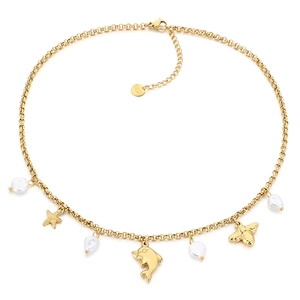 Gold stainless steel necklace featuring dolphin, starfish, bee charms and elegant pearls